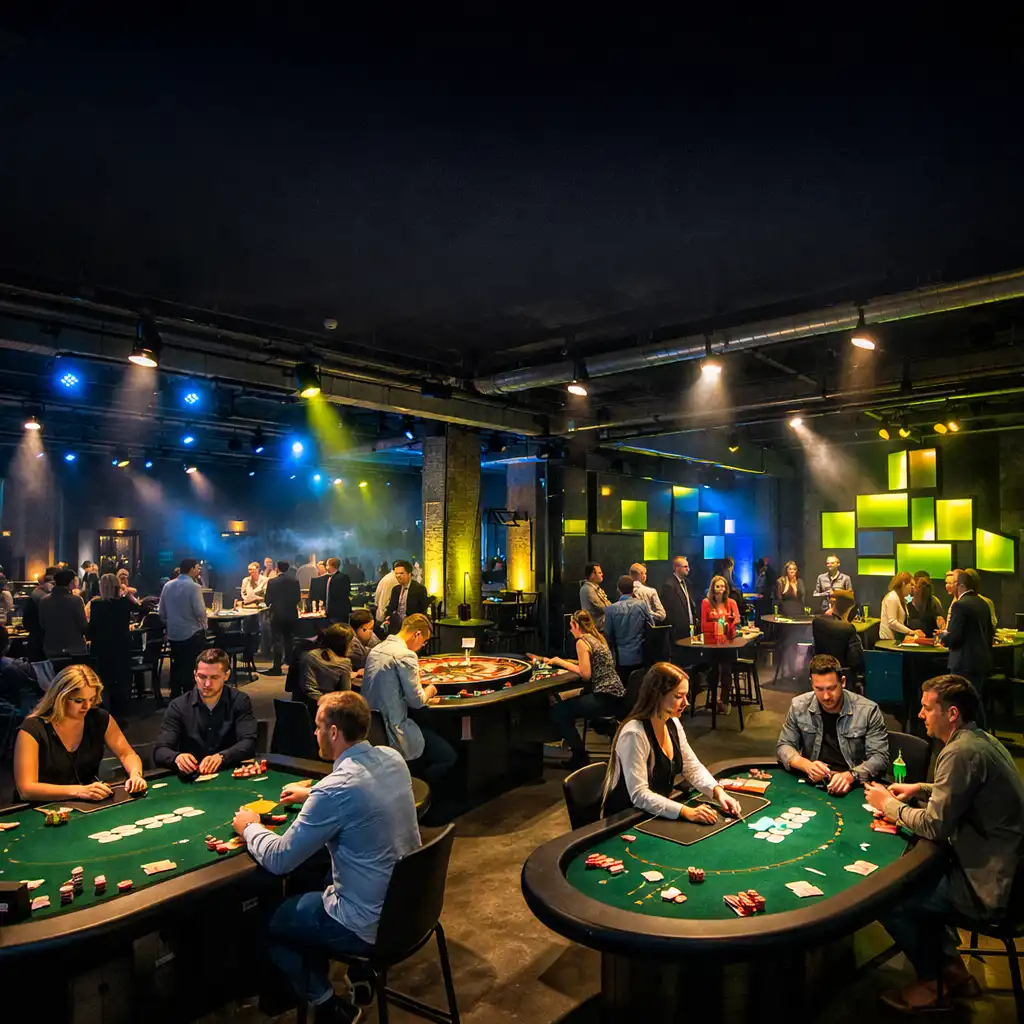 Nowoczesna sala eventowa z profesjonalnymi stołami do pokera, ruletki i blackjacka podczas wieczoru integracyjnego