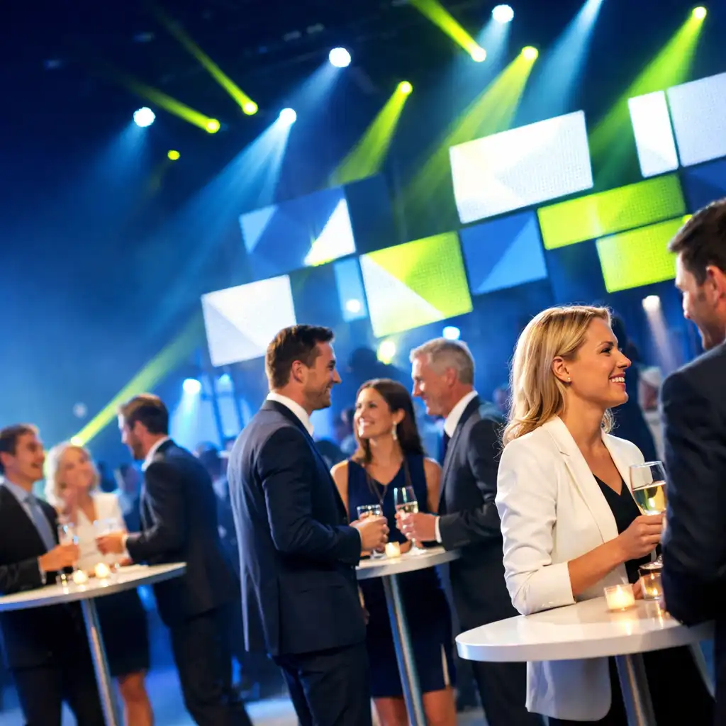Nowoczesna sala eventowa podczas firmowego przyjęcia z modułowymi panelami LED