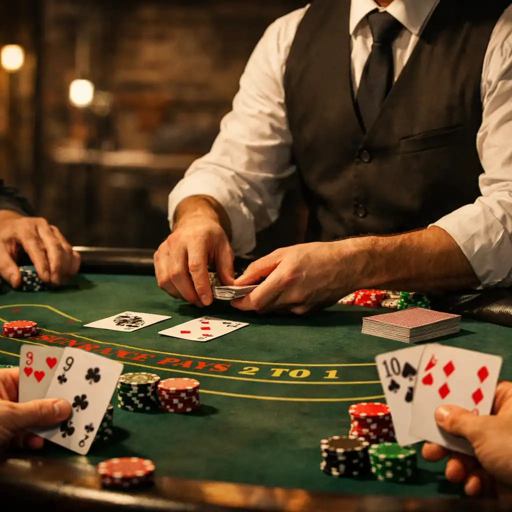 Stół do blackjacka z kartami i żetonami, ręce graczy