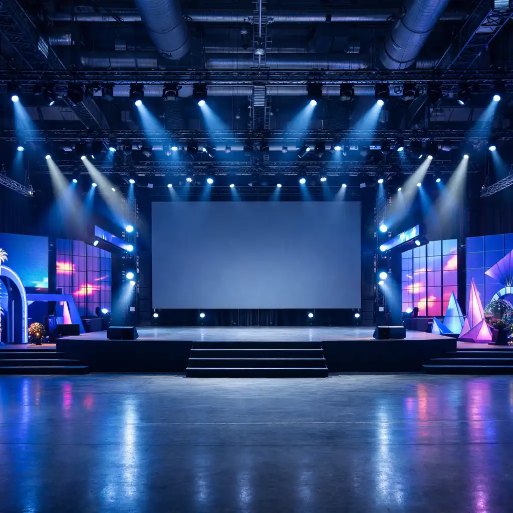 Industrialna hala eventowa z modułową scenografią i oświetleniem LED