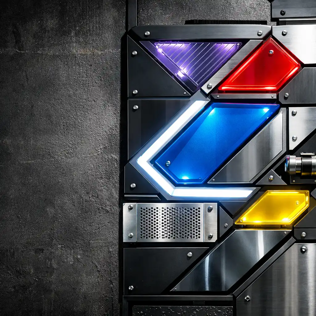 Detal modułowej scenografii z panelami LED i metalowymi elementami