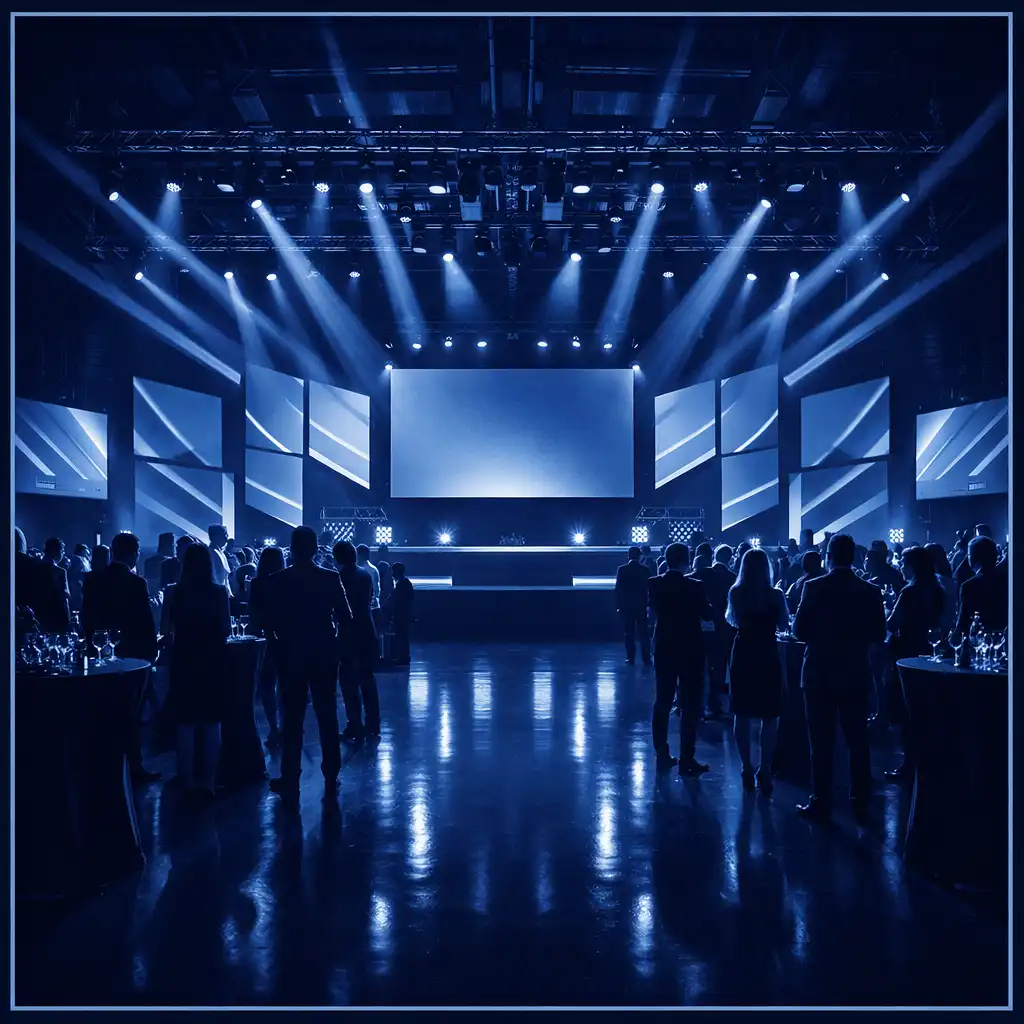 Gala firmowa w industrialnej przestrzeni z modułową scenografią i dynamicznym oświetleniem
