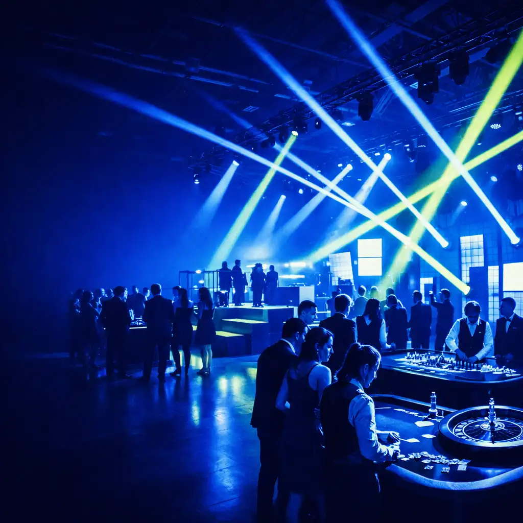 Nowoczesna gala firmowa w industrialnej hali z modułową scenografią i dynamicznym oświetleniem