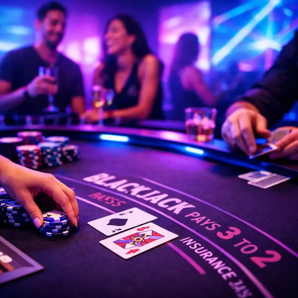 Przyjęcie urodzinowe w stylu nowoczesnego Vegas ze stołem do blackjacka i dynamicznym oświetleniem